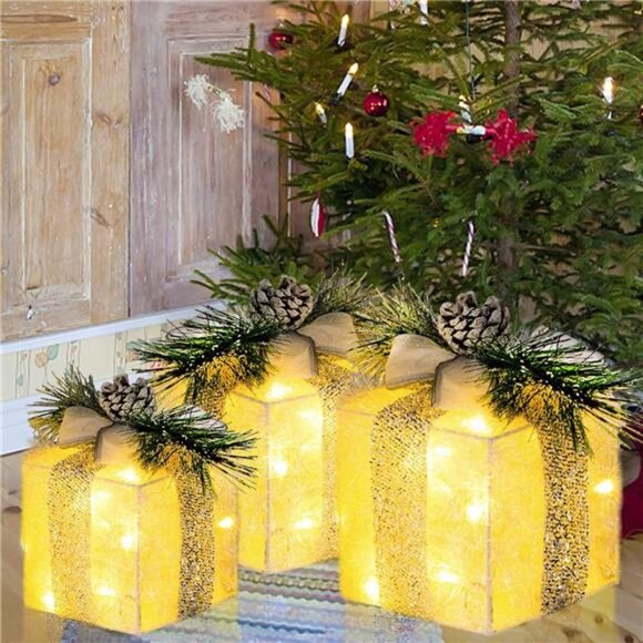 Set of 3 Christmas Lighted Gift Boxes, Pre-lit 60 LED Light...